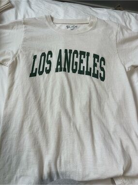 Brandy Melville Cream Tee with Dark Green 'LOS ANGELES' Print